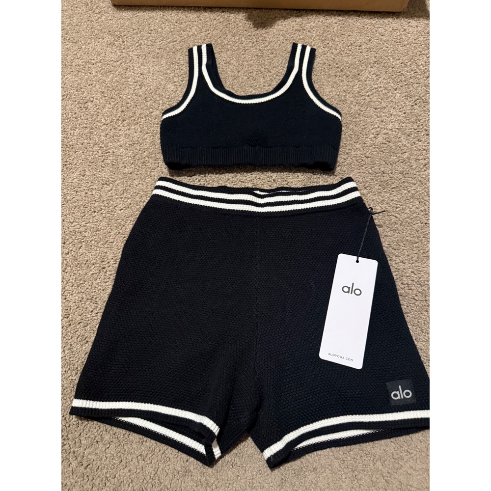 Alo Yoga Tennis Club Sweater Knit Hot Short & Crop Top Set Black Ivory XS NWT